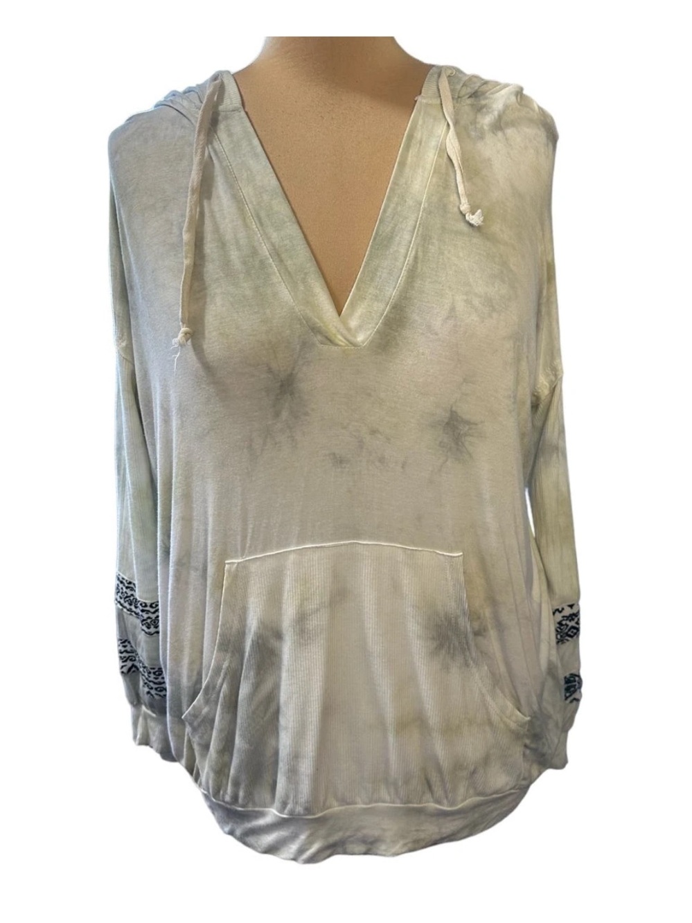 POL Muted Tie Dye Embroidered Deep V-Neck Hoodie, Size Small Oversized